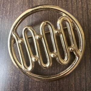 Vtg Round Gold Tone Brooch Pin Geometric Wave Squiggle Line Retro Modern Melody